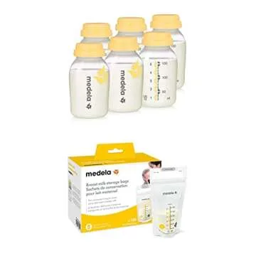 Medela Breast Milk Storage Bags 100 Count and 6 Count 5 Ounce Milk Collection Storage Bottles, Breas...