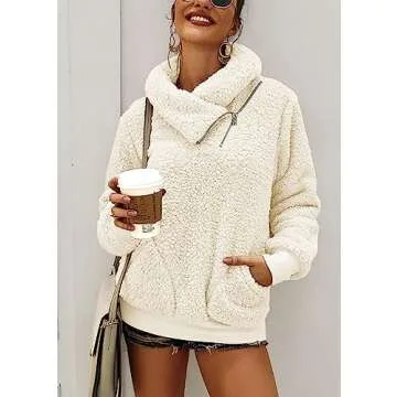 KIRUNDO Women's 2025 Winter Lapel Fuzzy Fleece Sweatshirt Faux Shearling Zipper Warm Sherpa Pullover Outwear With Pockets(Medium, Beige)