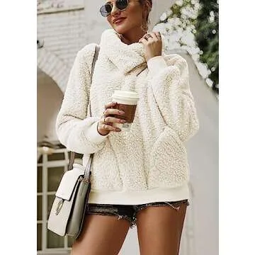 KIRUNDO Women's 2025 Winter Lapel Fuzzy Fleece Sweatshirt Faux Shearling Zipper Warm Sherpa Pullover Outwear With Pockets(Medium, Beige)