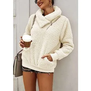 KIRUNDO Women's 2025 Winter Lapel Fuzzy Fleece Sweatshirt Faux Shearling Zipper Warm Sherpa Pullover Outwear With Pockets(Medium, Beige)