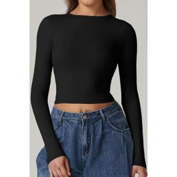 QINSEN Stylish Open Back Crop Top for Womens Long Sleeve High Stretch Bodycon Tee Shirts Black M