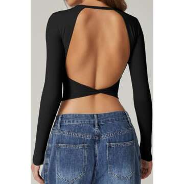 QINSEN Stylish Open Back Crop Top for Womens Long Sleeve High Stretch Bodycon Tee Shirts Black M