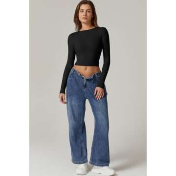 QINSEN Stylish Open Back Crop Top for Womens Long Sleeve High Stretch Bodycon Tee Shirts Black M