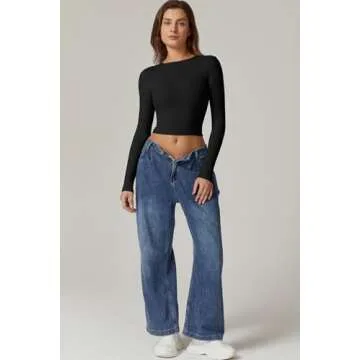 QINSEN Stylish Open Back Crop Top for Womens Long Sleeve High Stretch Bodycon Tee Shirts Black M