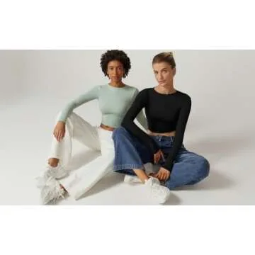 QINSEN Stylish Open Back Crop Top for Womens Long Sleeve High Stretch Bodycon Tee Shirts Black M