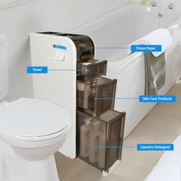 BAISRGS 3-Tier Bathroom Floor Cabinet, Narrow Bathroom Storage Cabinet, Mobile and No Installation Required, Perfect for Small Space Laundry Rooms, Toilet Areas, and Living Room Gaps