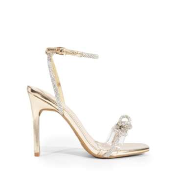 DREAM PAIRS Women's Double Bowknots Crystal Sandals Clear Slingback Heels Square Toe Shoes for Party Wedding Brielle,Size 8.5,Gold-Pu,SDHS2389W