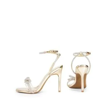 DREAM PAIRS Women's Double Bowknots Crystal Sandals Clear Slingback Heels Square Toe Shoes for Party Wedding Brielle,Size 8.5,Gold-Pu,SDHS2389W