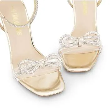 DREAM PAIRS Women's Double Bowknots Crystal Sandals Clear Slingback Heels Square Toe Shoes for Party Wedding Brielle,Size 8.5,Gold-Pu,SDHS2389W