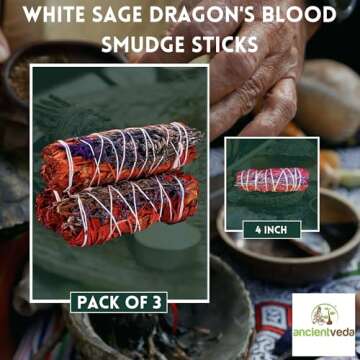 Ancient VEDA White Sage Dragon's Blood Smudge Sticks with Starter Guide | 3 Pack Flowers Sage Smudging | Floral Sage House Blessing for Cleansing, Meditation, Yoga, and Smudging (Lavender)