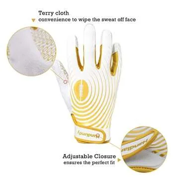HANDLANDY Youth Football Gloves, Sticky Wide Receiver Gloves for Kids & Adult, White and Gold Stretch Fit Football Glove (White and Gold, Medium)