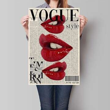 Yostyle Fashion Canvas Wall Art, Trendy Preppy Red Lips Room Aesthetic Poster, Funky Magazine Cover Art, Groovy Posters for College Girls, Girly Summer House Bedroom Decor 12x16in Unframed