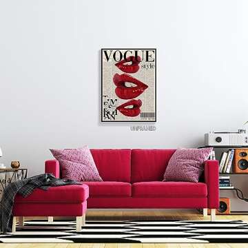 Yostyle Fashion Canvas Wall Art, Trendy Preppy Red Lips Room Aesthetic Poster, Funky Magazine Cover Art, Groovy Posters for College Girls, Girly Summer House Bedroom Decor 12x16in Unframed