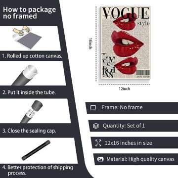 Yostyle Fashion Canvas Wall Art, Trendy Preppy Red Lips Room Aesthetic Poster, Funky Magazine Cover Art, Groovy Posters for College Girls, Girly Summer House Bedroom Decor 12x16in Unframed