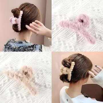 VinBee 4 PCS Faux Fur Hair Clips Large Plush Hair Catch Barrette Jaw Clamp for Women Girls Half Bun Hairpins for Thick Hair Cute Claw Clips Hair Accessories (4.5 Inch)