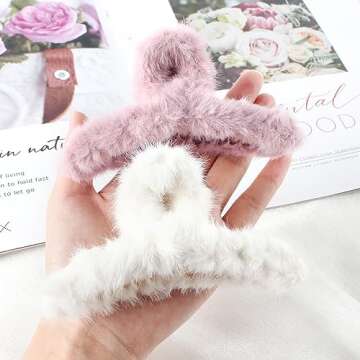 VinBee 4 PCS Faux Fur Hair Clips Large Plush Hair Catch Barrette Jaw Clamp for Women Girls Half Bun Hairpins for Thick Hair Cute Claw Clips Hair Accessories (4.5 Inch)