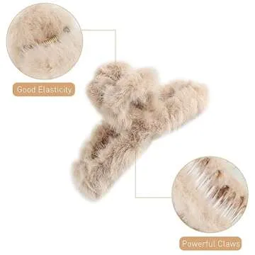 VinBee 4 PCS Faux Fur Hair Clips Large Plush Hair Catch Barrette Jaw Clamp for Women Girls Half Bun Hairpins for Thick Hair Cute Claw Clips Hair Accessories (4.5 Inch)