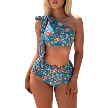 Herseas Womens Blue Floral Bikini Sets 2 Piece High Waist Swimwear Ruching Beach Trendy Tummy Contro...