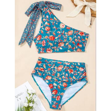 Herseas Womens Blue Floral Bikini Sets 2 Piece High Waist Swimwear Ruching Beach Trendy Tummy Control Bathing Suit Small
