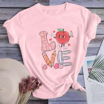 Casual Love Teacher Shirt for Women Heart Graphic Tee