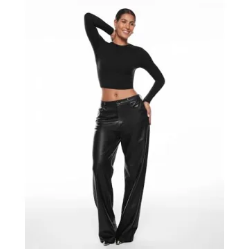 INLYRIC Women's Inbarely Soft Long Sleeve Tops Crew Neck Slim Fit Double Lined Basic Casual Going Out Y2K Tees Shirts Black XX-Small