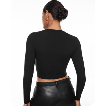 INLYRIC Women's Inbarely Soft Long Sleeve Tops Crew Neck Slim Fit Double Lined Basic Casual Going Out Y2K Tees Shirts Black XX-Small