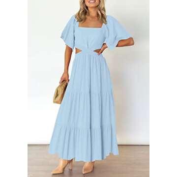 LEANI Women's Summer Short Sleeve Cutout Maxi Dress Square Neck Tiered Flowy A-Line Sundress with Pockets Lightblue