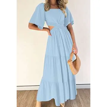 LEANI Women's Summer Short Sleeve Cutout Maxi Dress Square Neck Tiered Flowy A-Line Sundress with Pockets Lightblue