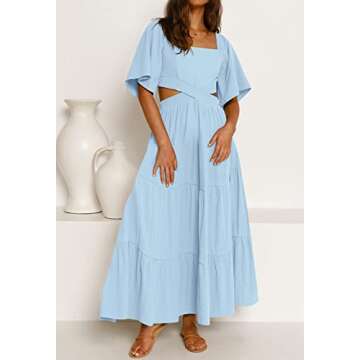 LEANI Women's Summer Short Sleeve Cutout Maxi Dress Square Neck Tiered Flowy A-Line Sundress with Pockets Lightblue