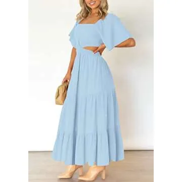 LEANI Women's Summer Short Sleeve Cutout Maxi Dress Square Neck Tiered Flowy A-Line Sundress with Pockets Lightblue