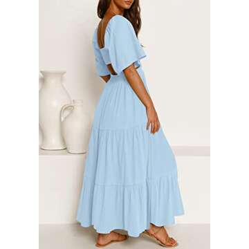 LEANI Women's Summer Short Sleeve Cutout Maxi Dress Square Neck Tiered Flowy A-Line Sundress with Pockets Lightblue