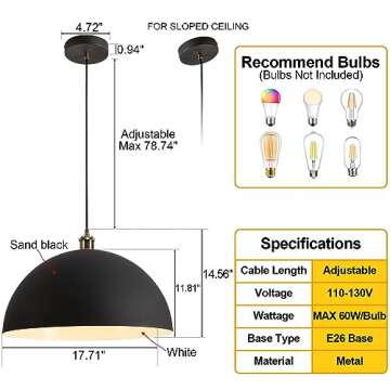 YHANFENGCY Modern Pendant Light Industrial Pendant Light 17.72'' Black and White Interior Pendant Li...