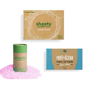 Sheets Laundry Club Bundle - 50 Pack (up to 100 loads) Fresh Linen Detergent Sheets, 40 Pack Free & Clear Dryer Sheets & 8 Oz. Uncharted Waters Scent Booster - New Liquidless Technology