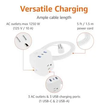 Amazon Basics Power Strip Cube 3 Outlet 3 USB Ports, 1 USB-C(15W) and 2 USB-A(12W), 5 ft Extension Cord, Home, Office, Travel, White