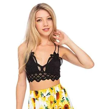 Anna-Kaci Women's Boho Floral Crochet Lace Adjustable Strap Bralette Bra Crop Bikini Tops, Black, Small