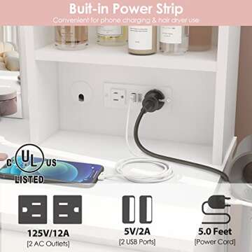 Vabches Makeup Vanity with Lights, 37inch Vanity Desk with Power Strip, 4 Drawers Makeup Table with Lighted Mirror, 3 Lighting Colors, White