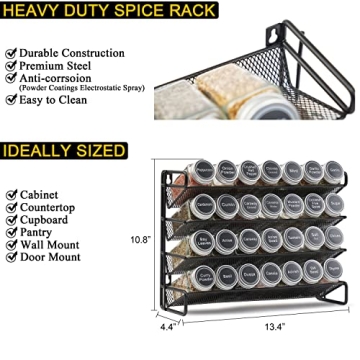 SpaceAid Spice Rack Organizer with 28 Spice Jars, 386 Spice Labels, Chalk Marker and Funnel Set for Cabinet, Countertop, Pantry, Cupboard or Door & Wall Mount - 28 Jars, 13.4" W × 10.8" H, Black
