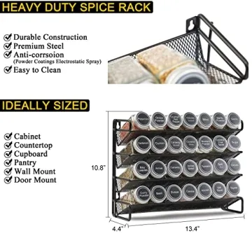 SpaceAid Spice Rack Organizer with 28 Spice Jars, 386 Spice Labels, Chalk Marker and Funnel Set for Cabinet, Countertop, Pantry, Cupboard or Door & Wall Mount - 28 Jars, 13.4" W × 10.8" H, Black