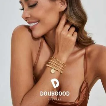 Doubgood Gold Beaded Bracelets Set - Stackable 14K Gold Plated Bracelets with Initial Pendant
