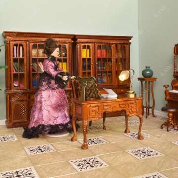 iLAND Dollhouse Flooring on 1/12 Scale 1/6 Scale, Miniature Dollhouse Accessories, 60pcs Double-Sided Dollhouse Floor Tiles (60pcs Noble Swords in Vines & Twill Marbeling)