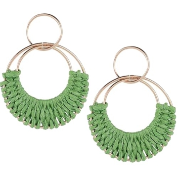 Rattan Weave Earrings Boho Summer Raffia Hoop Dangle Earrings for Women Bohemian Raffia Braid Straw ...