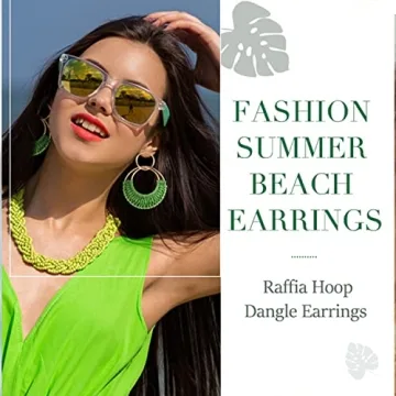 Rattan Weave Earrings Boho Summer Raffia Hoop Dangle Earrings for Women Bohemian Raffia Braid Straw Wicker Round Drop Earrings Lightweight Beach Party Statement Earrings Jewelry(Green)