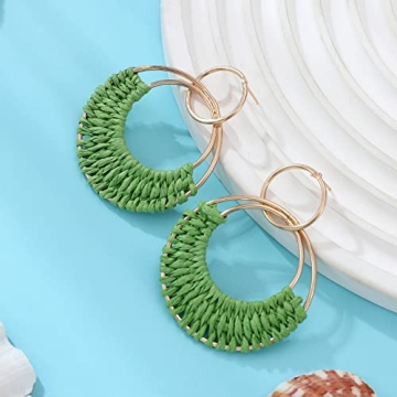 Rattan Weave Earrings Boho Summer Raffia Hoop Dangle Earrings for Women Bohemian Raffia Braid Straw Wicker Round Drop Earrings Lightweight Beach Party Statement Earrings Jewelry(Green)