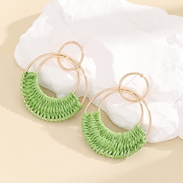 Rattan Weave Earrings Boho Summer Raffia Hoop Dangle Earrings for Women Bohemian Raffia Braid Straw Wicker Round Drop Earrings Lightweight Beach Party Statement Earrings Jewelry(Green)