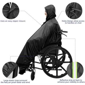 ANYOO Wheelchair Waterproof Poncho with Hood Reusable Cover Lightweight Poncho Cloak for Adult(Black) One Size