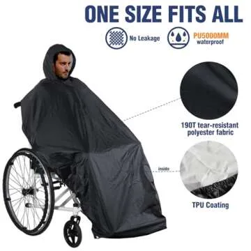 ANYOO Wheelchair Waterproof Poncho with Hood Reusable Cover Lightweight Poncho Cloak for Adult(Black) One Size