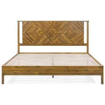 Bme Ethan Solid Wood King Bed Frame with Diamond Headboard - Rustic & Mid-century Modern - Acacia Wood Platform Bed - Compatible with All Mattresses - No Box Spring Needed - Rustic Dark Brown