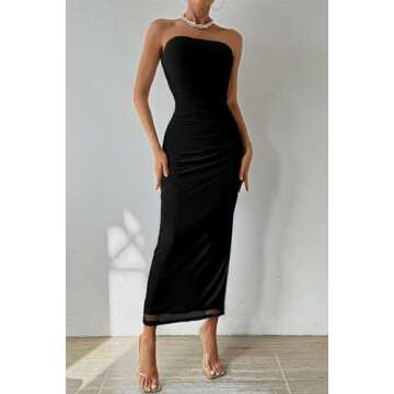PRETTYGARDEN Women's Summer Maxi Bodycon Dresses Strapless Tube Top Printed Long Party Club Slit Dress (Solid Black,Medium)