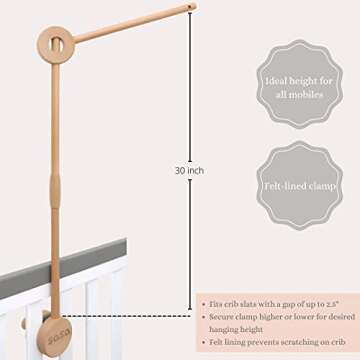 Sasa Baby and Toddler Crib Mobile Arm - Wooden Mobile Arm, Strong Hold Anti Slip Attachment Clamp for Sturdy Mobile Hanger, Mobile Hanger for Crib Nursery Decor Girls Boys, 100% Beech Wood, 30 inches