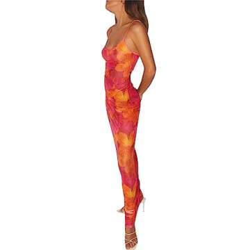 NIKDUCK Women's Summer Sleeveless Dress Floral Printed Bodycon Dress Sexy Backless Dresses Party Club Picnic Low Cut Dress (#5-Red, S)